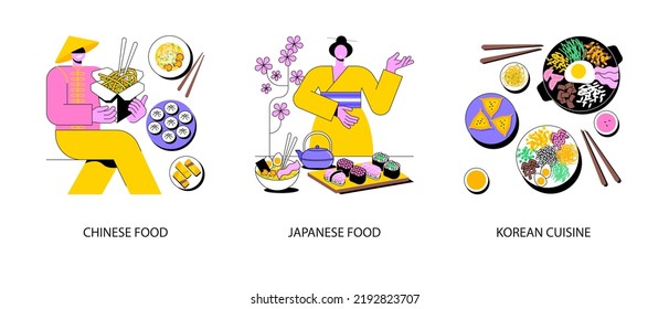 Asian food abstract concept vector illustration set. Chinese and Japanese food, Korean cuisine, oriental restaurant menu, asian spice, sushi takeout, dim sum, chopsticks eating abstract metaphor.