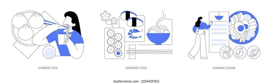 Conjunto de ilustraciones vectoriales del concepto abstracto de comida asiática. comida china y japonesa, cocina coreana, restaurante de comida para llevar, dim sum, comida para llevar de sushi, mercado gourmet, carta oriental con metáfora abstracta.