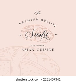 Asian Food Abstract Logo Template. Hand Drawn Sushi Sashimi Roll and Modern Typography. Japanese Cuisine Vector Emblem Concept. Isolated