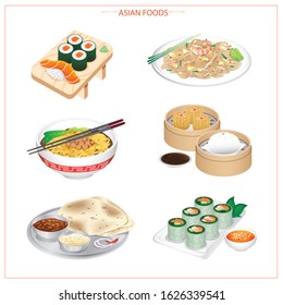 Asian food is available in many countries, such as sushi, Pad Thai, Dim Sum, Indian food, Vietnamese spring roll, variety of ingredients, vegetables, herbs and spices.