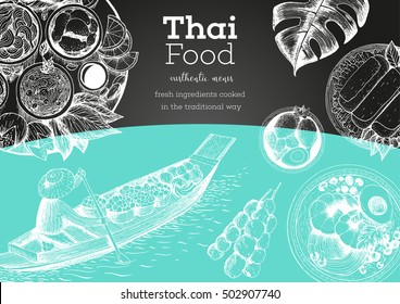 Asian food background. Asian food chalkboard poster. Thai food menu restaurant. Thai food sketch menu. Vector illustration