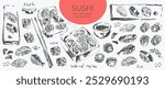 Asian food background with different types of sushi, sashimi and rolls with salmon fish, caviar, nori, rice, crab, prawn. For Japanese food menu, food and drink design.