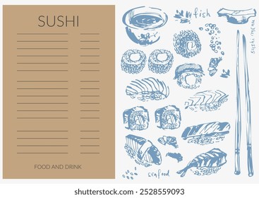 Asian food background with different types of sushi, sashimi and rolls with salmon fish, caviar, nori, rice, crab, prawn. For Japanese food menu, food and drink design.