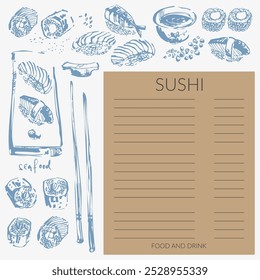 Asian food background with different types of sushi, sashimi and rolls with salmon fish, caviar, nori, rice, crab, prawn. For Japanese food menu, food and drink design.