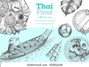 Asian food background. Asian food poster. Thai food menu restaurant. Thai food sketch menu. Vector illustration