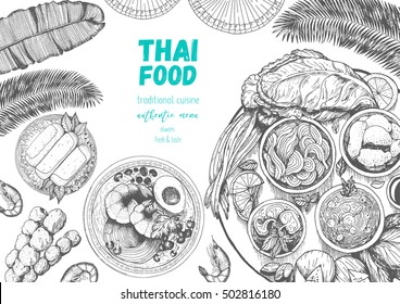 Asian food background. Asian food poster. Thai food menu restaurant. Thai food sketch menu. Vector illustration