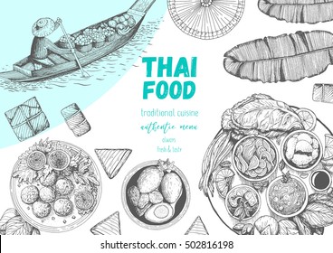 Asian Food Background. Asian Food Poster. Thai Food Menu Restaurant. Thai Food Sketch Menu. Vector Illustration