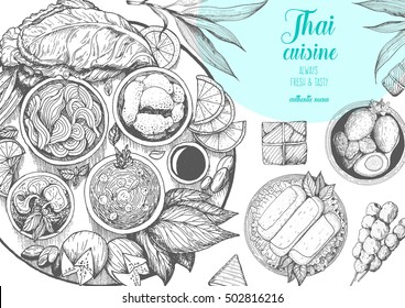 Asian Food Background. Asian Food Poster. Thai Food Menu Restaurant. Thai Food Sketch Menu. Vector Illustration