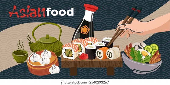 Anuncio de comida asiática. Reunión china para cenar. Sushi de salmón japonés. Olla caliente de las albóndigas. Plato familiar. Delicioso banquete. Felizmente reunidos. Mano con palillos. Linda comida de celebración. Fondo del anuncio de Vector