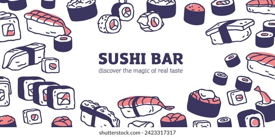 Asian food banner design. Sushi, rolls, Japanese cuisine framed background. Japan Susi bar, Asia meals, dishes, restaurant promotion template, advertising card. Isolated flat vector illustration