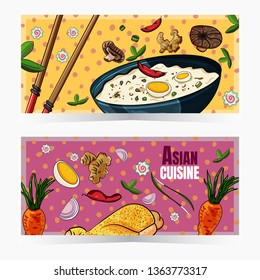 Asian food banner horizontal. Can be used for street festival, shop, menu, cafe, restaurant, poster, banner, sticker. - Vector. Vector illustration