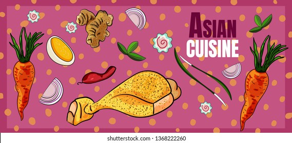 Asian food banner horizontal. Can be used for street festival, shop, menu, cafe, restaurant, poster, banner, sticker. - Vector. Vector illustration