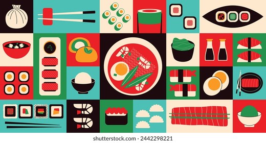 Banner de comida asiática. Cocina tailandesa japonesa geométrica minimalista, sushi camarones sashimi salmón arroz ramen tom yum sopa. Fondo plano del vector.