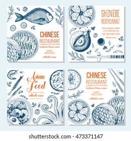 Asian food banner set. Asian food square banner collection. Linear graphic