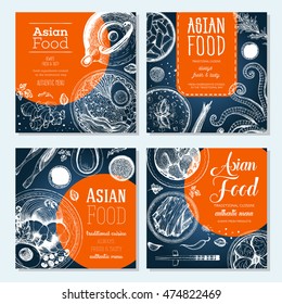 Asian food banner set. Asian food square banner collection. Linear graphic