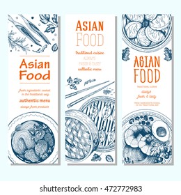 Asian food banner set. Vector illustration of asian food banner collection. Linear graphic