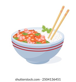 Asian food bowl. Korean or Japanese dish with rice and shrimps, traditional asian cuisine flat vector illustration. Cartoon tasty asian dish