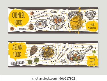 Asian food brochure flyer design. Chinese cuisine. Retro background. Hand drawn vector illustration. Can be used for street festival, shop, menu, cafe, restaurant, poster, banner, sticker.