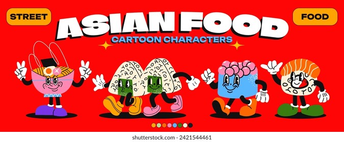 Asian food cartoon characters 90s. Asian cuisine, sushi, rolls nori, fish, salmon, caviar. Trandy retro poster. funny colorful doodles in hippie style. Vector groovy illustration with typography	