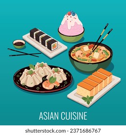Asian food cartoon composition with sushi and chinese dumplings vector illustration