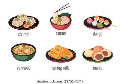 Asian food cartoon icons set with spring rolls and ramen soup isolated vector illustration