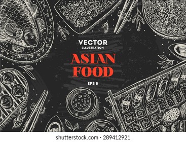 Asian Food Chalk Board Frame. Linear Graphic. Vector Illustration