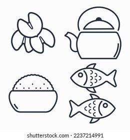 Asian Food. Chinese Cookies, Rice, Teapot and Fish and Line icon vector illustration set