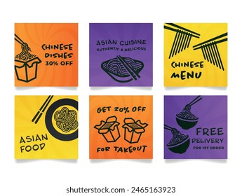 Comida asiática Cocina china menú venta redes sociales post diseño línea de Plantilla set Ilustración vectorial. Publicidad comercial tradicional japonesa de la entrega de la comida con los palillos de la caja de fideos y wok