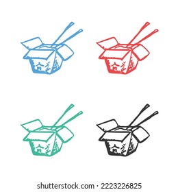 Asian food, Chinese food, Chinese fast food, Bowl of noodle soup and chopsticks. Box of Noodles with Chopsticks vector icons in multiple colors