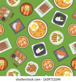 Asian food and chinese, japanese cuisine cartoon vector seamless pattern. Illustration of rice and sushi, oriental soup asian food. For cafe, restaurant menu cover or wrapping.