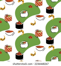 Asian food and chinese, japanese cuisine cartoon vector seamless pattern. Vector illustration of sushi.