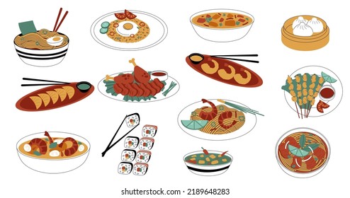 Asian food. Chinese Japanese and Korean national cuisine, bowls and plates with food, sea fish, rice and sauces. Vector traditional meal isolated doodle set of chinese and korean cuisine illustration