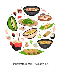 Asian Food Circle Composition with Noodles, Soup Bowl and Sushi Vector Template