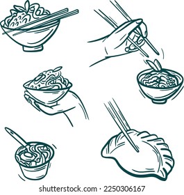 Asian food Collection clip art. Ramen, Jiaozi  and hand holding chopsticks