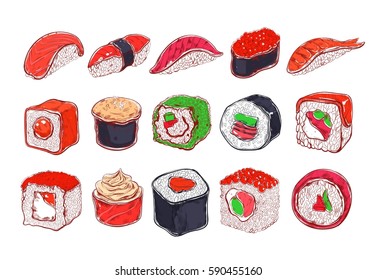 Asian Food collection. Sushi.  Colored . Vector hand drawn illustration. Isolated objects for design 