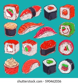 Asian Food Collection Sushi Colored Vector Stock Vector Royalty Free