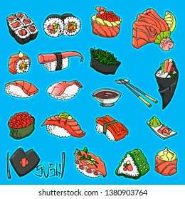 Asian Food collection. Sushi. Sketch style. Vector hand drawn illustration. Isolated objects for design