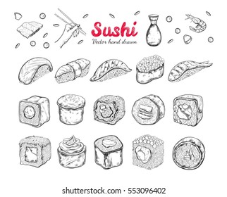 Asian Food collection. Sushi.  Sketch style. Vector hand drawn illustration. Isolated objects for design 