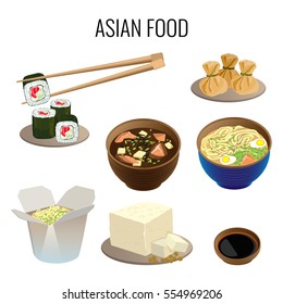 Asian food. Collection of traditional national asian dishes on white. Oriental cuisine web banner. Vector illustration of sushi with long sticks, ramen soup, kind of pottage, meal in carton box.