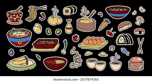 Asian food colorful stickers, graphic art dishes and soup bowls, sushi and baked buns and dumplings. Stickers, design decorations, chinese and japanese restaurant menu's art. Vector illustration.