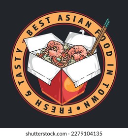 Asian food colorful vintage logotype to advertise Chinese cafe delivering delicious shrimp noodles in box vector illustration