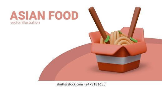 Asian food commercial concept in cartoon style. 3D paper box with noodles, herbs and chopsticks