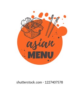 Asian food concept design. Sweet and sour. Chinese oriental food. Hand drawn vector illustration. Can be used for cafe, market, menu, shop, barbeque, bar, restaurant, poster, label, sticker, logo.