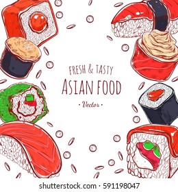 Asian Food concept. Vector hand drawn frame. 