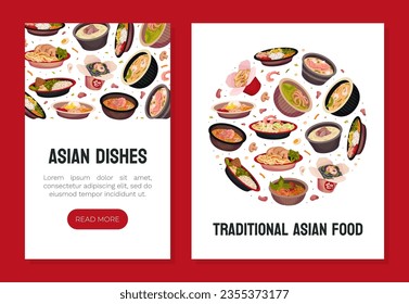 Asian Food and Cuisine Banner Design with Served Dish Vector Template