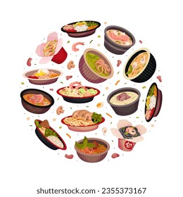 Asian Food and Cuisine Round Composition Design with Served Dish Vector Template