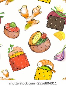 Asian food with cute decor for restaurants and cafes. Seamless background or pattern with trendy snacks or desserts from a set of vector cliparts with recipes.