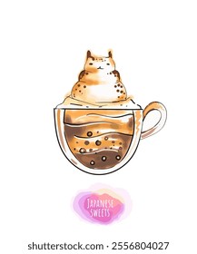 Asian food with cute decor for restaurants and cafes. Delicious recipes and serving. Fashionable snacks or desserts from a set of vector cliparts with recipes.