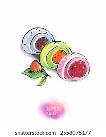 Asian food with cute decor for restaurants and cafes. Delicious recipes and serving. Fashionable snacks or desserts from a set of vector cliparts with recipes.