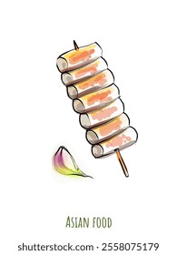 Asian food with cute decor for restaurants and cafes. Delicious recipes and serving. Fashionable snacks or desserts from a set of vector cliparts with recipes.